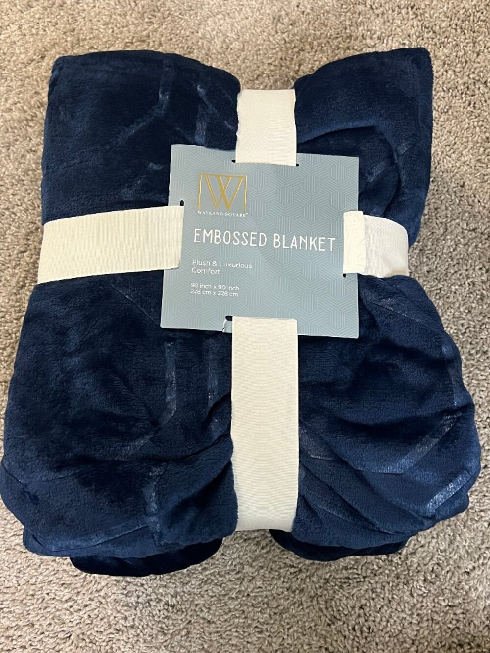 Wayland Square Embossed Plush Blanket, Navy, 90 X 90 in